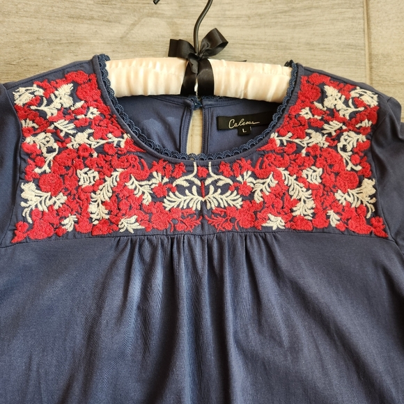 Calessa Top Women's L Navy Blue Cotton Red Embroidered Ethnic Boho 70s Relaxed - Picture 3 of 14